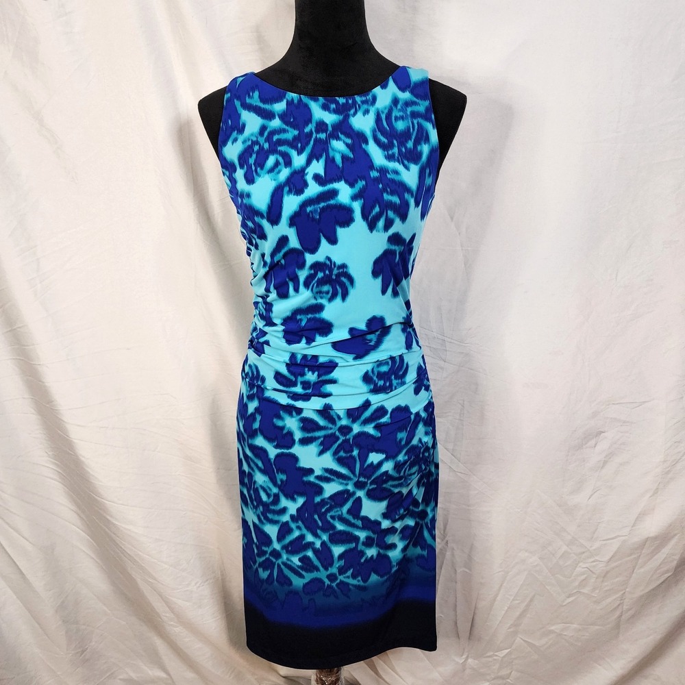 LUXE By Carmen Marc Valvo Size 4 Blue Hawaiian Floral Ruched‎ Stretch Knit Dress